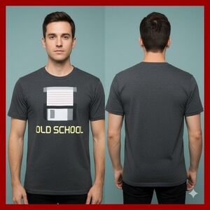 Old School Floppy Disk Graphic Tee Men Medium Gray Retro Tech Short Sleeve Shirt